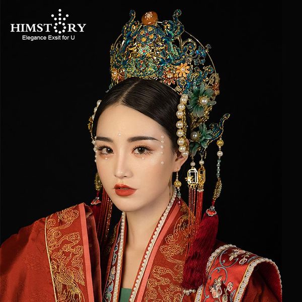 

hair clips & barrettes himstory big queen ming dynasty crown retro copper chinese green headpiece red tassel hairwear accessories, Golden;silver