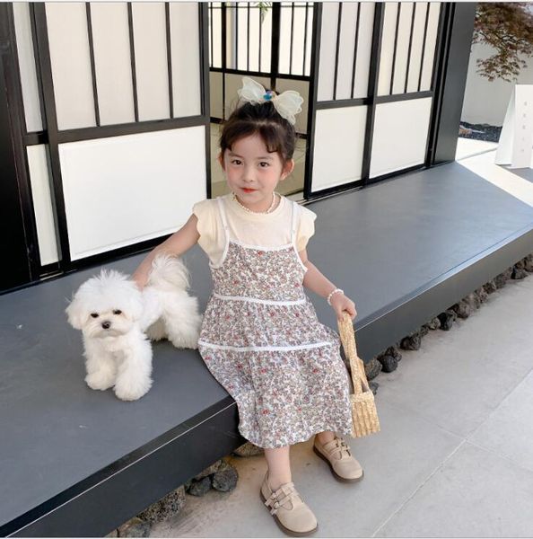 

clothing sets 2021 korea style girls 2 pcs set printed t shirt+dress summer cotton kids suit 2-7 years yu299, White