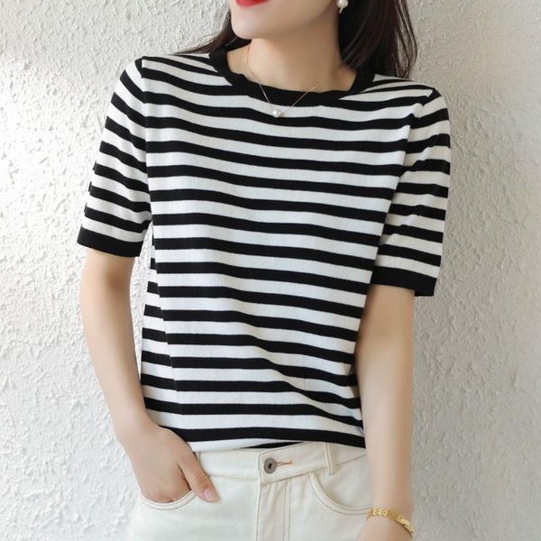 

women's t-shirt pure cotton women 2021 summer round neck pullover striped knitwear plus size casual sweater short-sleeved tees, White