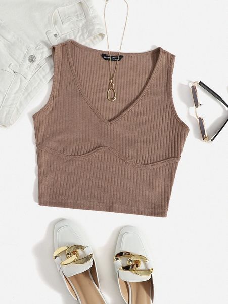 

solid rib-knit crop tank e1xb#, White