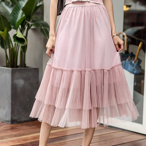 

skirts fashion halves, long skirts, tight, high-waisted, pleated mesh gauze, pure-color women's tide, Black