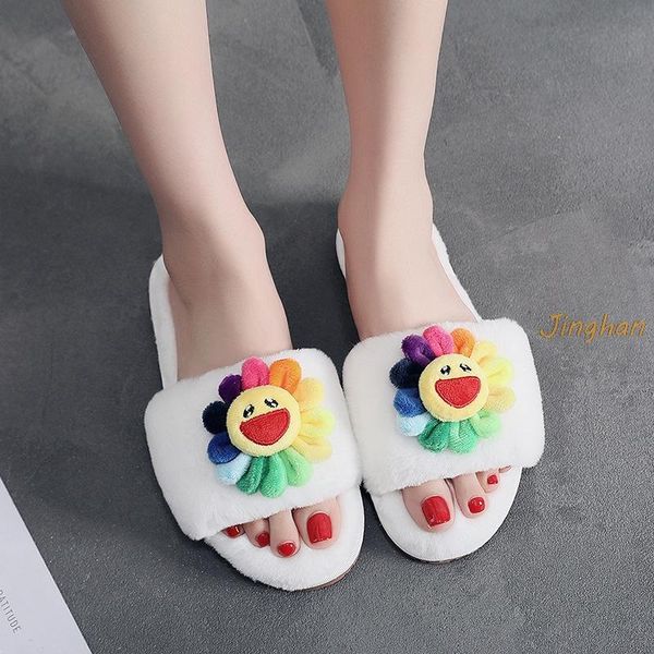 Slippers Sun Flower Улыбающаяся модная весна Женщина Внутренняя Пушистая Плюше