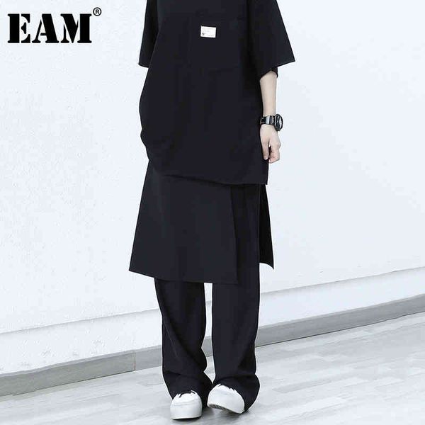 

[eam] high elastic waist black irregular wide leg trousers loose fit pants women fashion spring autumn 1dd6826 21512, Black;white