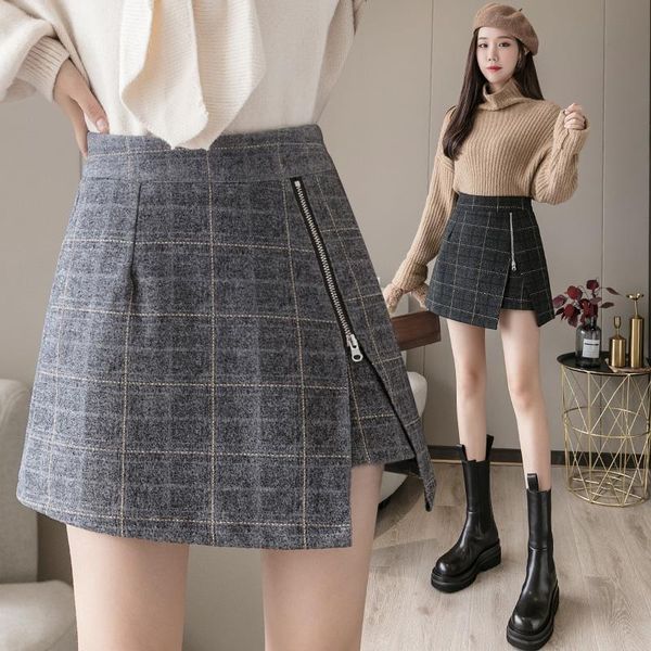 

skirts fashion plaid woolen skirt 2021 autumn high-waist irregular a-line anti-empty, Black