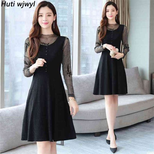 

vintage black mesh long sleeve mini dresses autumn winter plus size solid women bodycon dress elegant party vestidos 210528, Black;gray