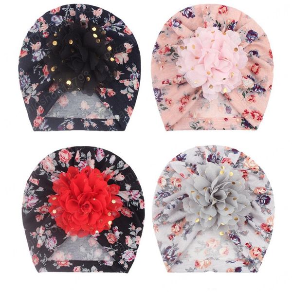 

cotton printing big flower turban hats newborn baby sweet beanie caps girls pgraphy props soft hat toddler children outdoor beanies head, Yellow