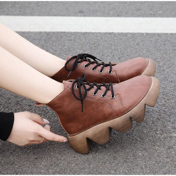 

boots women ankle shoes ladies pu leather lace up female platform footwear woman autumn winter fashion comfortable, Black
