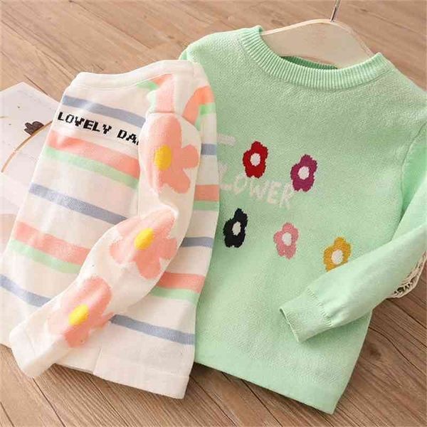 

autumn spring 2 3 4-10 years kids children's clothing o-neck candy flower floral striped baby girl knitted pullover sweater 210414, Blue