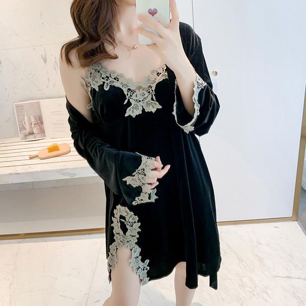 

velvet 2pcs robe set female home clothing nightwear kimono bathrobe gown lace intimate lingerie autumn sleepwear women's, Black;red