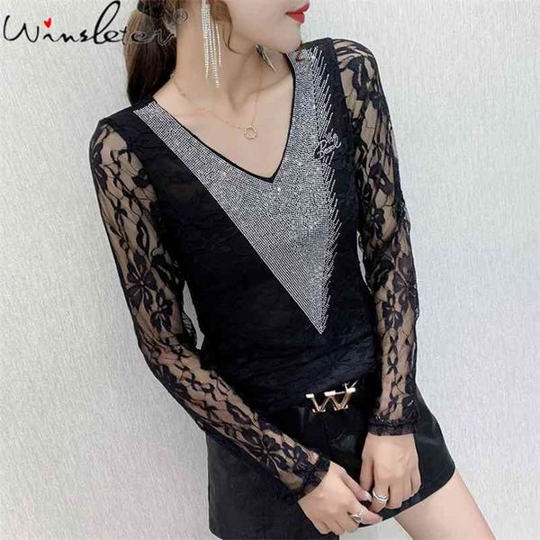 

spring fall european clothes t-shirt girl fashion v-neck shiny diamonds patchwork mesh transparent women tees t11309a 210421, White