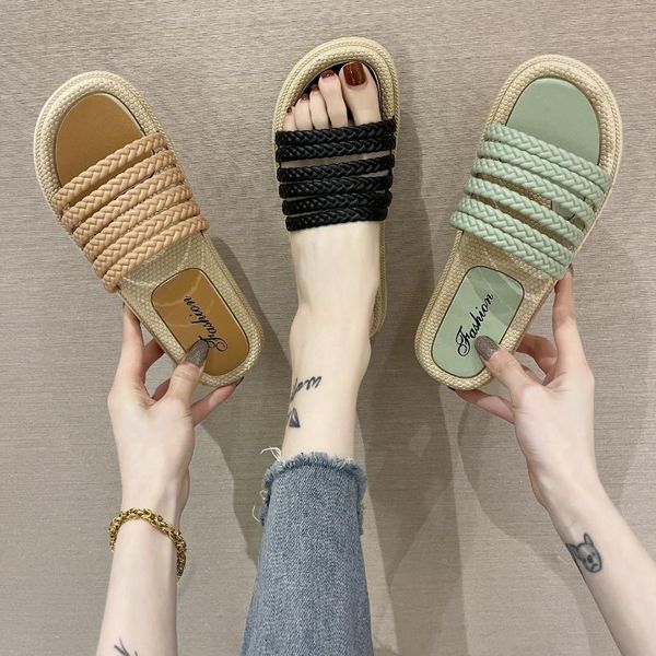 

summer slippers women fashion weave round head flat casual sandals candy color open toe low heels beach vacation, Black