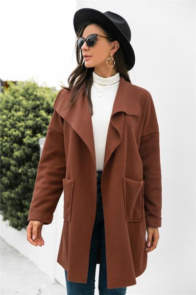 

women's wool & blends women autumn winter solid color woolen coat patchwork pockets turn-down collar long sleeve casual loose cardigan, Black