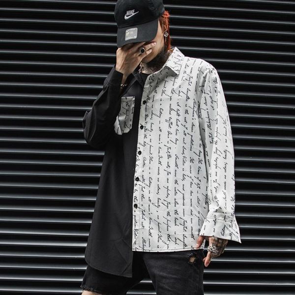 

men's casual shirts spring and summer mid-length long-sleeved letter printed shirt cotton hip-hop national trend clothing, White;black