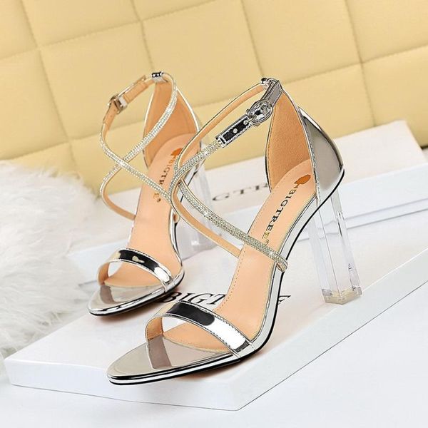 

sandals bigtree summer crystal ankle strip women heels party shoes clear high open toe famale sandal, Black