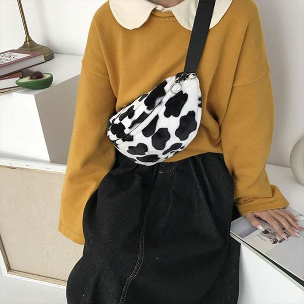 

women cow print plush waist bag fanny pack pouch travel hip bum shoulder bags purse