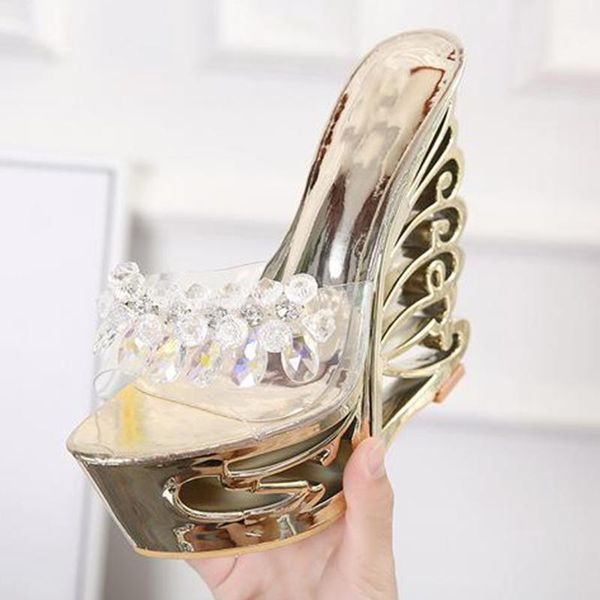 

summer women platform shoes novelty rhinestone sandals slippers hollow shaped heel high-heeled, Black