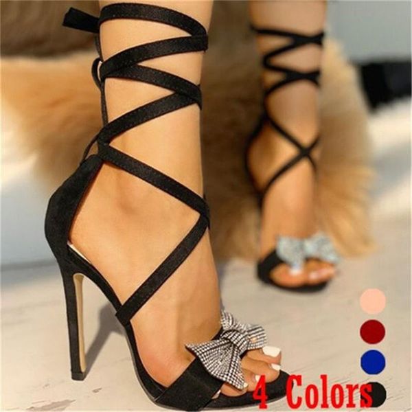 

sandals women summer fashion women's bowknot rhinestone ankle strap high heel ladies open toe, Black