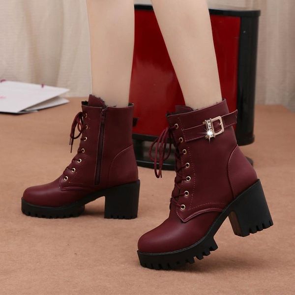 

boots sale women lace up flat biker combat wine red shoes buckle woman botas nice, Black