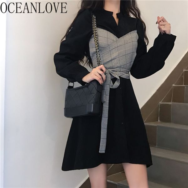 

autumn fake 2pcs women dress bandage long sleeve vestidos elegant mini dresses korean vintage robes 18357 210415, Black;gray