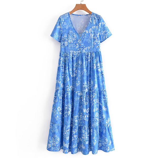 

vintage v-neck short-sleeved floral women dress loose ruffle stitching holiday style chic female dresses vestidos mujer 210507, Black;gray