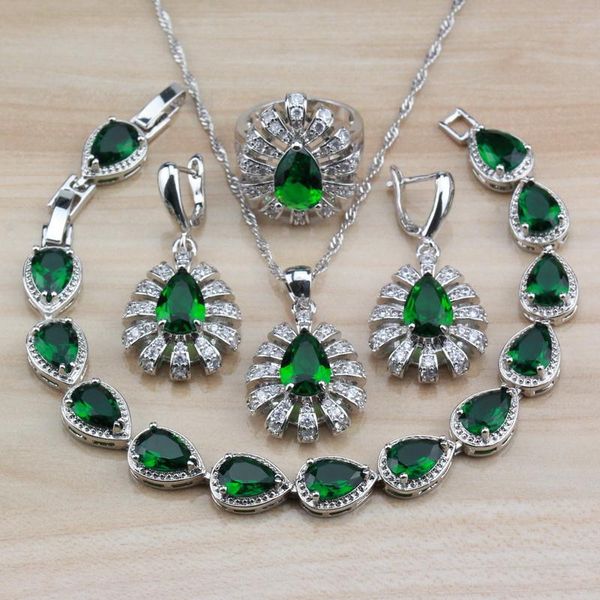 

wedding jewelry sets water drop with natural stones cz green costume of 925 silver ring dangle earring and bracelet for women, Slivery;golden