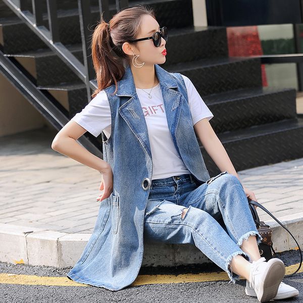 

[ewq] spring autumn pattern v-collar sleeveless denim patchwork single button vintage loose long vest coat women ag432, Black;white