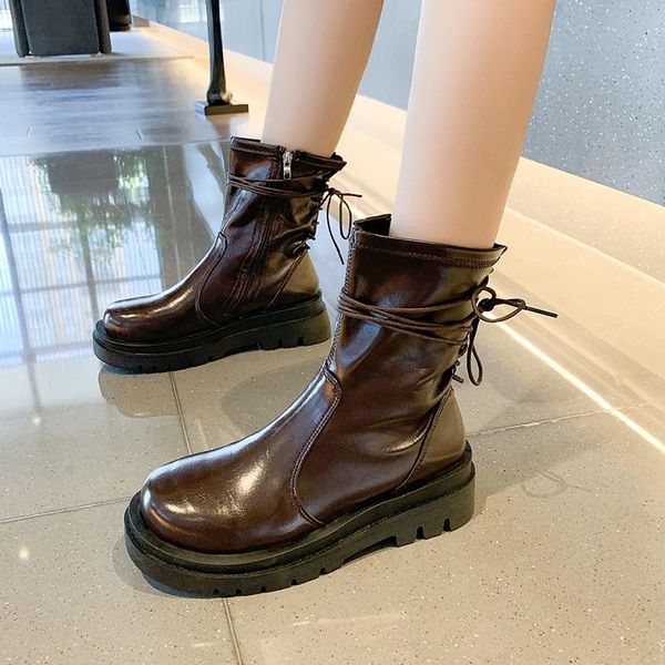 

boots 2021 winter lace women's patent leather zippers 6.5cm high flat with thick platform ankle round toe casual female shoes, Black