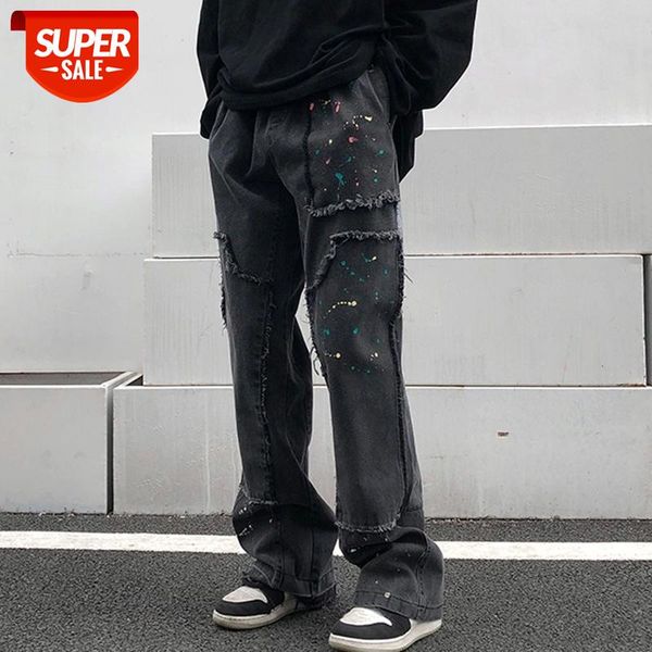 

high sreet irregular spliced splash ink wide-leg jeans trousers male washed retro loose casual denim #k43j, Blue