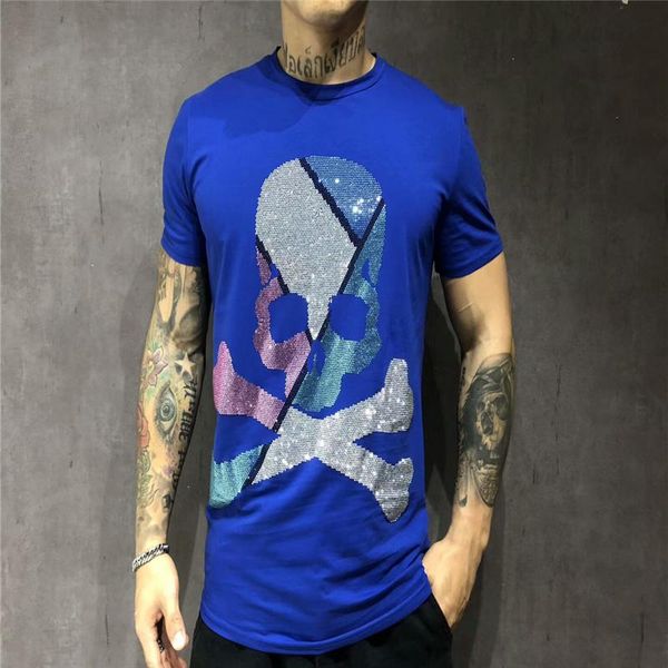 

men's t-shirts designer short sleeve 100% cotton summer large skull rhinestone t-shirt men, White;black