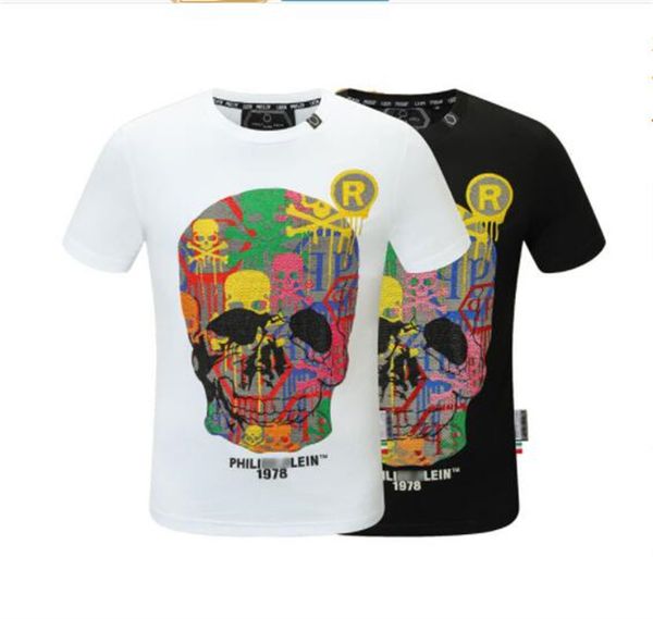 

2022 autumn new ice silk skull t shirt drill round neck casual men's cotton t-shirt, White;black