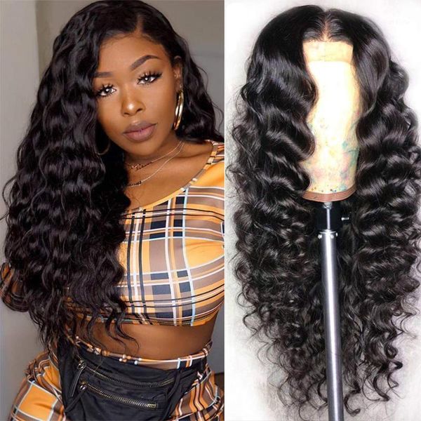 

loose deep 4x4 lace closure wigs human hair pre plucked natural hairline with baby for women brazilian wigs1, Black;brown