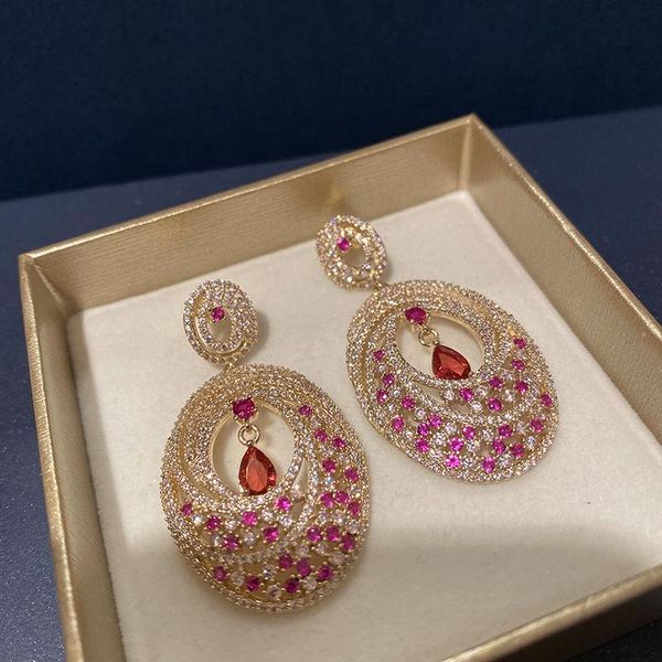 

dangle & chandelier bohemian style gold circle dotted red diamond earrings, Silver