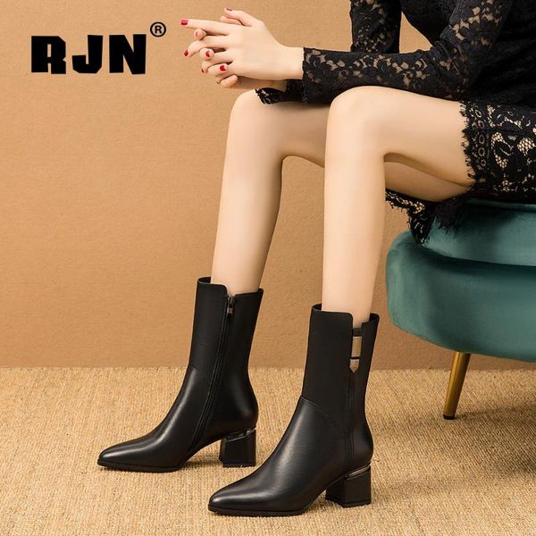 

boots rjn black women winter shoes zipper pointed toe square heel warm plush mid-calf genuine leather casual women's ro478
