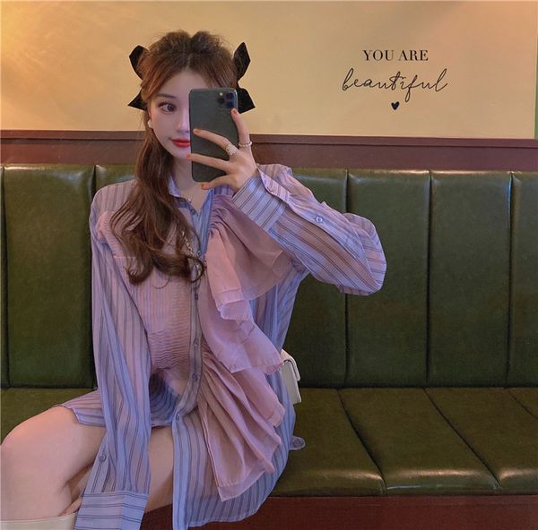 

spring and autumn female lapel striped purple design shirt 210514, White