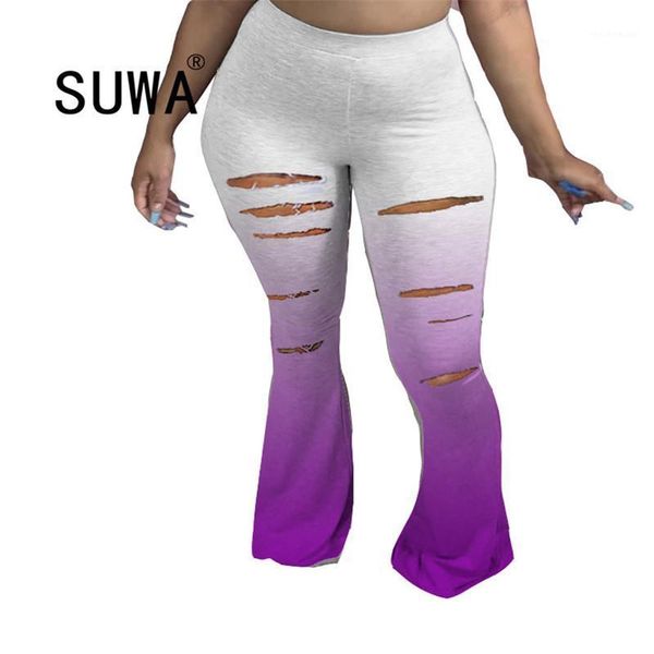

women's pants & capris streetwear gradient hole women elastic wide leg flare skinny leggings high waist trousers draped jogger sweatpan, Black;white