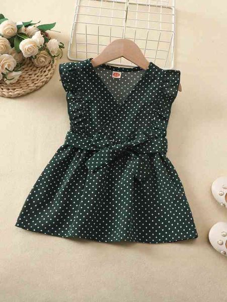 

baby polka dot ruffle trim overlap collar belted dress she, Red;yellow