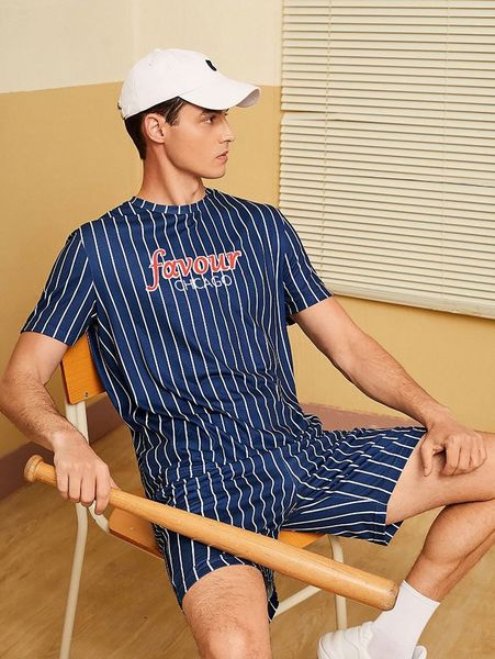 

men striped & letter graphic tee & shorts 63ww#, Gray