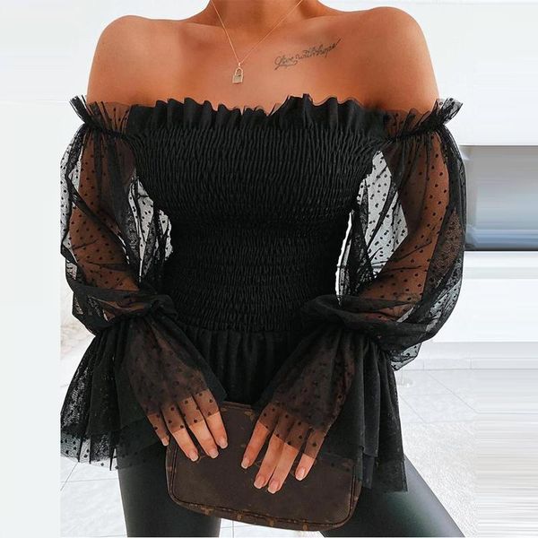 

women's blouses & shirts and sweet slim polka-dot off-shoulder short mesh long-sleeved 2021 ladies spring summer lantern sleeve blu, White
