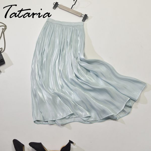 

1 high waist pleated skirt for women mid calf s elastic pearl luster solid color half-length 210514, Black