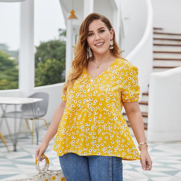 

women's blouses & shirts lybofly v-neck short blouse womens 2021 summer plus size 4 xl women print yellow color, White