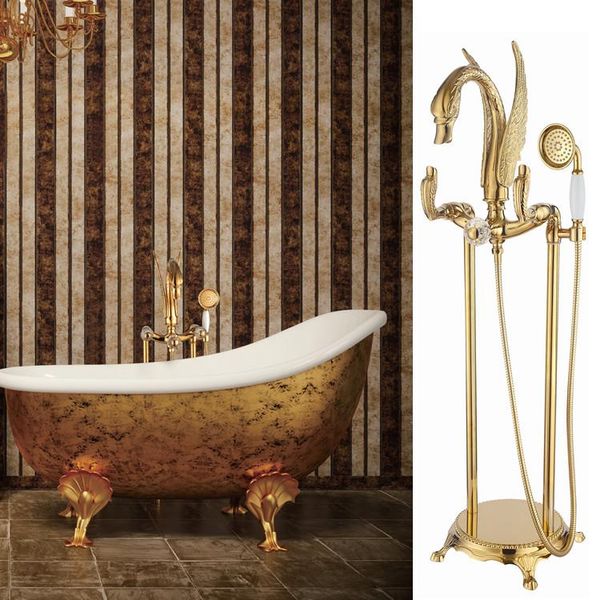 

antique floor standing gold finish pvd swan bath shower bathtub faucet with hand crystal handles or bathroom sets