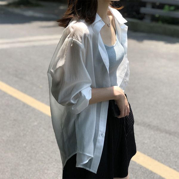 

women's blouses & shirts arrival summer korea fashion women long sleeve tencel silk solid backless loose thin casual blouse female, White