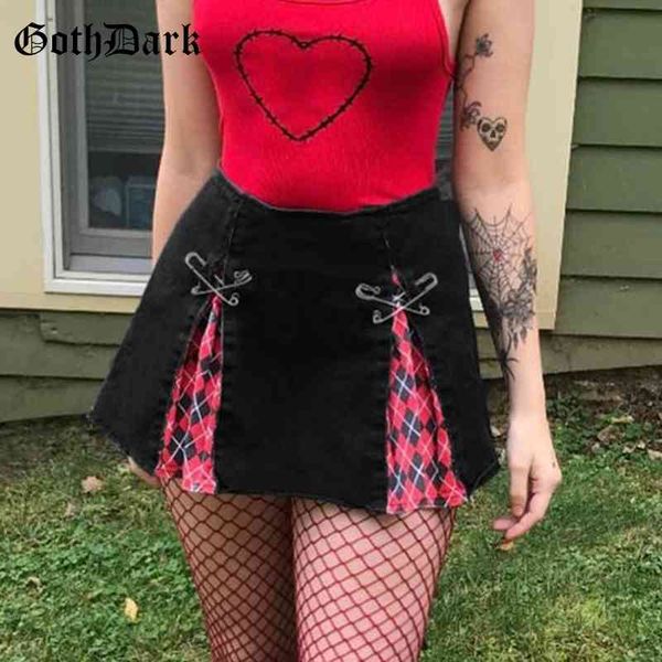 

goth dark plaid print a-line gothic skirts mall goth y2k black high waist egirl mini skirt women pin patchwork emo clubwear