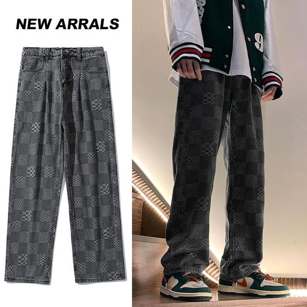 

men's jeans printed mens 2021 autumn straight lift pattern loose wide leg casual boyfriend pants men clothing, Blue