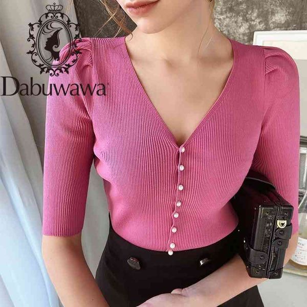 Dabuwawa Basic Sexy Slim High Street Pullover Camisola Senhoras V Neck Meios Mangas Únicas Suéteres Breasted Mulheres Casuais Do1AJS002 210520