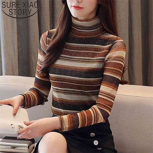 

autumn fashion women blouses long sleeve turtleneck casual striped solid clothing plus size 5621 50 210506, White