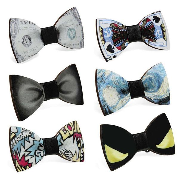 

neck ties creative poker dollar letters pattern pre-tied wooden bow tie men boys wedding party adjustable butterfly bowknot suit, Blue;purple