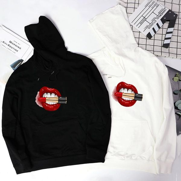 

women's hoodies & sweatshirts 2021 female harajuku hoodie lip lipstick print autumn black white cotton