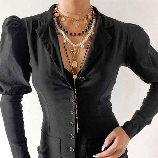 

yamog multi ellipse circle portrait cross pendant necklaces women alloy crystal imitation pearl beaded chain for female party tassel mixed c, Silver