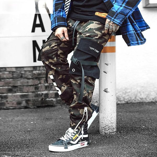 

men's pants camouflage cargo men streetwear ribbon mens trousers joggers male hip hop sweatpants man, Black